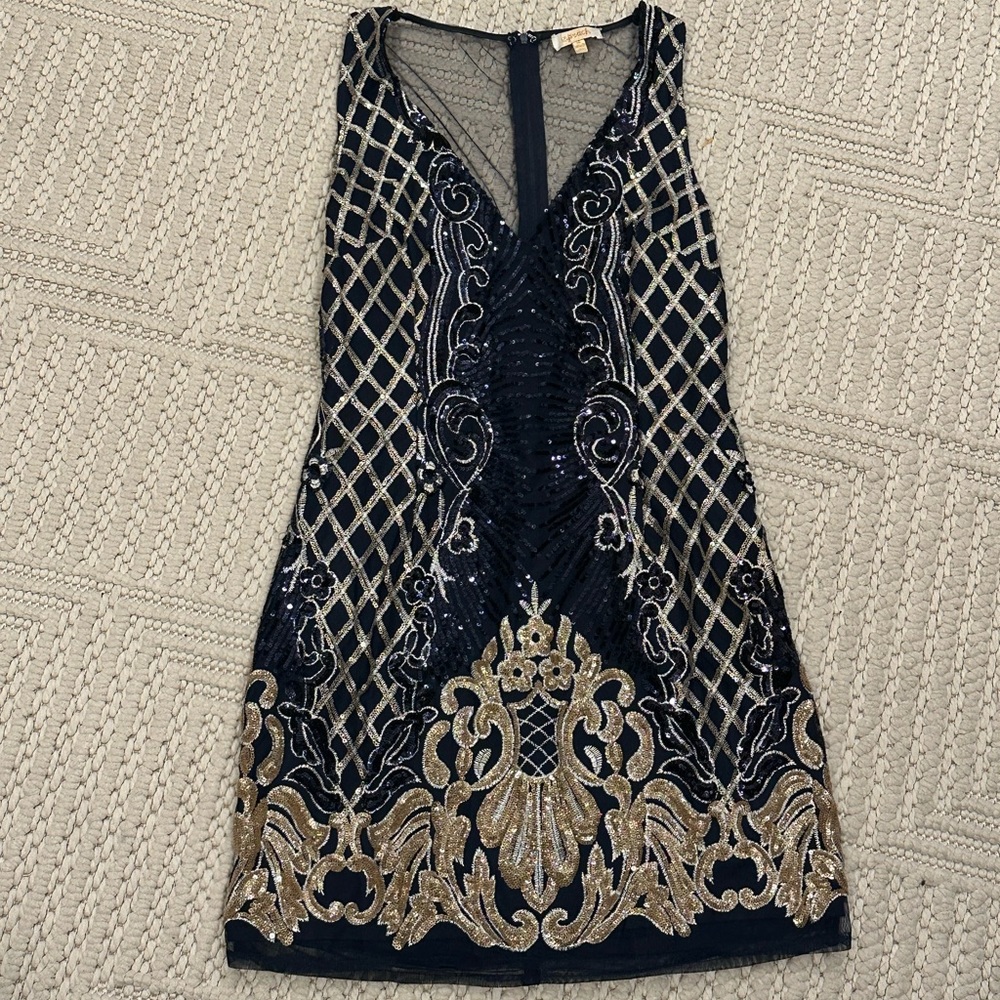 Embellished Navy & Gold Sleeveless Cocktail Dress
